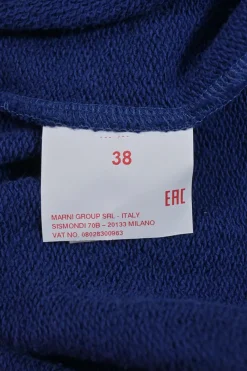 Blue French terry cap sleeve blouse with drawstring waist