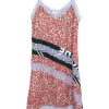 Blue lace-trimmed polyester leopard-print slip dress with contrasting bias-cut logo insert and fixed straps