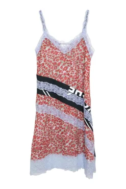 Blue lace-trimmed polyester leopard-print slip dress with contrasting bias-cut logo insert and fixed straps