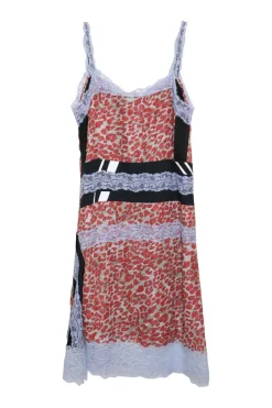 Blue lace-trimmed polyester leopard-print slip dress with contrasting bias-cut logo insert and fixed straps