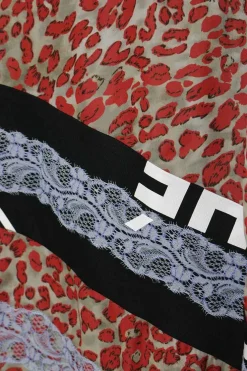 Blue lace-trimmed polyester leopard-print slip dress with contrasting bias-cut logo insert and fixed straps
