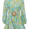 Blue linen abstract floral print stand collar blouson sleeve sleeve skater dress with buckle belt