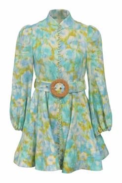 Blue linen abstract floral print stand collar blouson sleeve sleeve skater dress with buckle belt