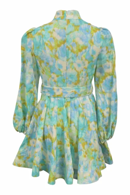 Blue linen abstract floral print stand collar blouson sleeve sleeve skater dress with buckle belt