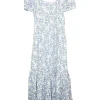 Blue linen floral print combination-style tiered maxi dress with princess sleeves