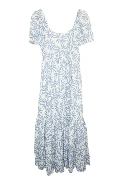 Blue linen floral print combination-style tiered maxi dress with princess sleeves