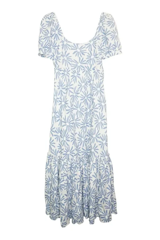 Blue linen floral print combination-style tiered maxi dress with princess sleeves