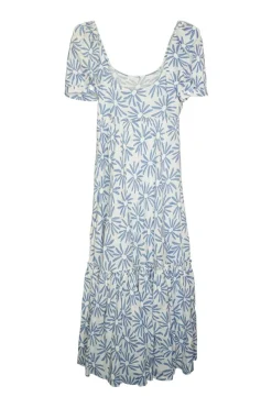 Blue linen floral print combination-style tiered maxi dress with princess sleeves