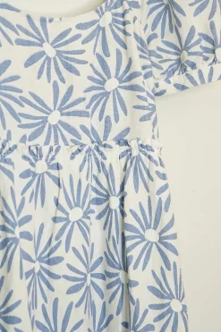 Blue linen floral print combination-style tiered maxi dress with princess sleeves