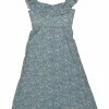 Blue linen floral print off-shoulder ruffle A-line midi sun dress