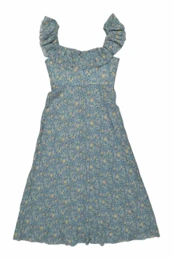 Blue linen floral print off-shoulder ruffle A-line midi sun dress