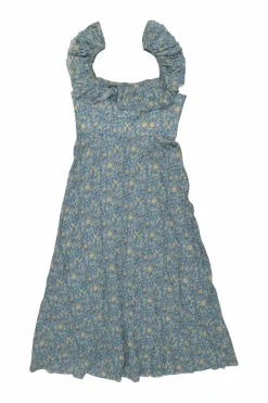 Blue linen floral print off-shoulder ruffle A-line midi sun dress
