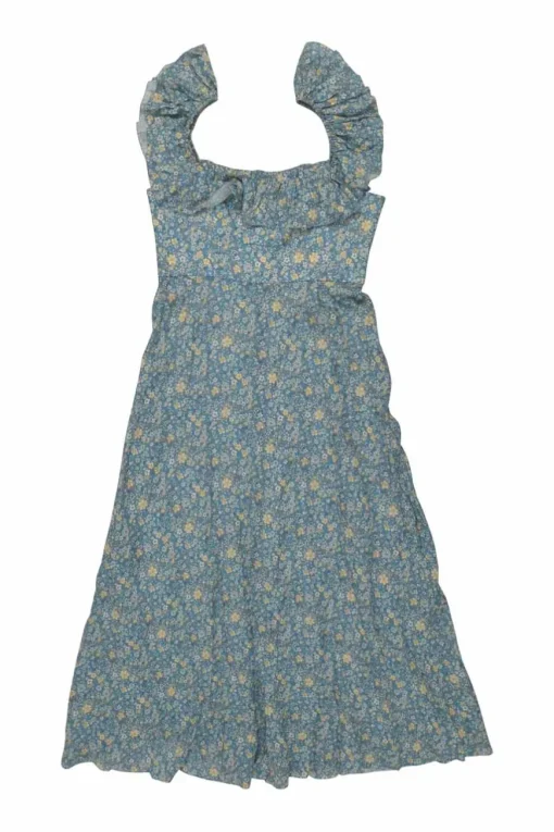 Blue linen floral print off-shoulder ruffle A-line midi sun dress