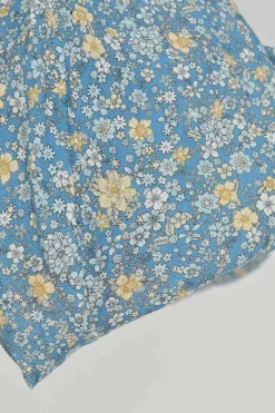 Blue linen floral print off-shoulder ruffle A-line midi sun dress