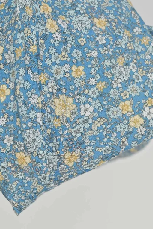 Blue linen floral print off-shoulder ruffle A-line midi sun dress
