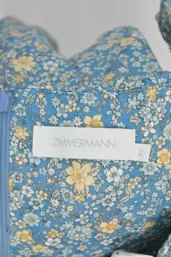 Blue linen floral print off-shoulder ruffle A-line midi sun dress