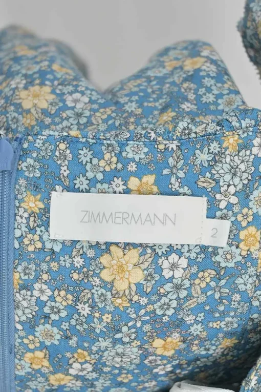 Blue linen floral print off-shoulder ruffle A-line midi sun dress
