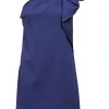 Blue linen-blend draped one-shoulder mini dress