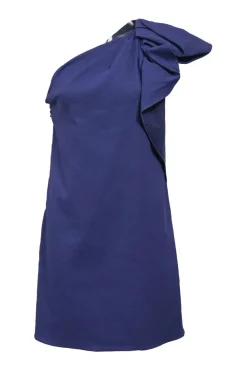 Blue linen-blend draped one-shoulder mini dress