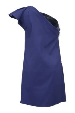 Blue linen-blend draped one-shoulder mini dress