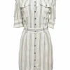 Blue linen-blend French stripe band collar half-sleeve button-front shirt dress with belt loop waistband