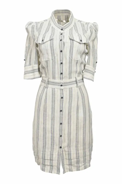 Blue linen-blend French stripe band collar half-sleeve button-front shirt dress with belt loop waistband