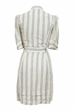 Blue linen-blend French stripe band collar half-sleeve button-front shirt dress with belt loop waistband