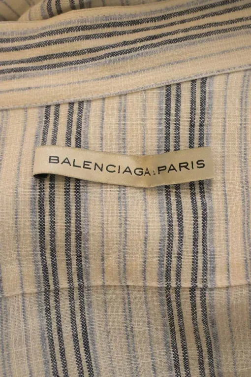Blue linen-blend French stripe band collar half-sleeve button-front shirt dress with belt loop waistband