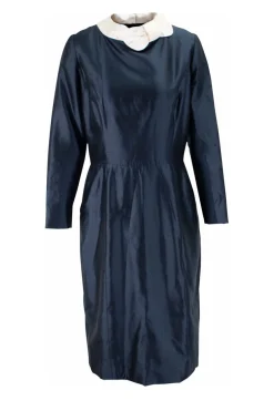 blue long sleeve dress with white bow collar