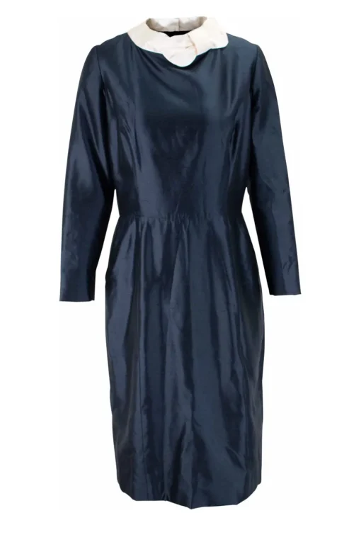 blue long sleeve dress with white bow collar