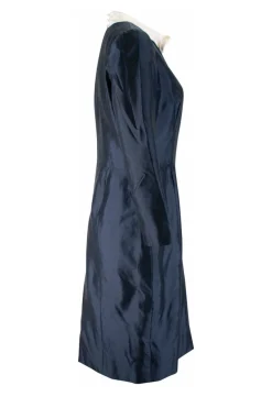 blue long sleeve dress with white bow collar