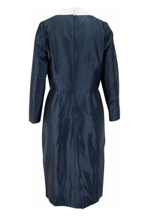 blue long sleeve dress with white bow collar
