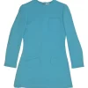 Blue long sleeve tailored blouse with chest patch, slanted hip flap pockets, and vented back