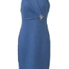 Blue metallic bouclé tweed stand collar wrap-effect sheath dress with crystal waistband appliqué