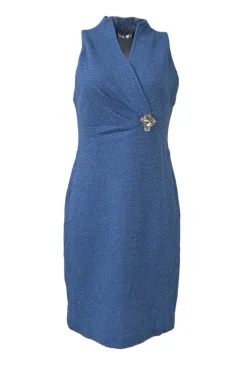 Blue metallic bouclé tweed stand collar wrap-effect sheath dress with crystal waistband appliqué