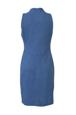Blue metallic bouclé tweed stand collar wrap-effect sheath dress with crystal waistband appliqué