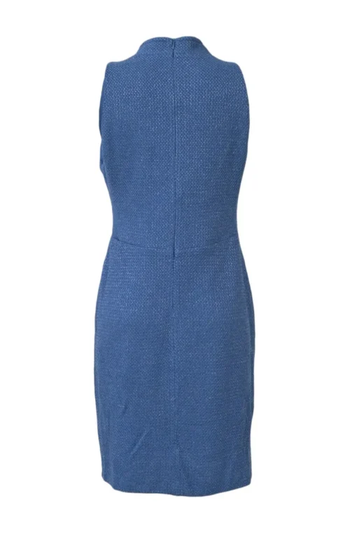 Blue metallic bouclé tweed stand collar wrap-effect sheath dress with crystal waistband appliqué