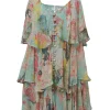 Blue metallic floral stripe jacquard tier ruffle handkerchief slip dress with front button-loop fastening