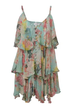 Blue metallic floral stripe jacquard tier ruffle handkerchief slip dress with front button-loop fastening