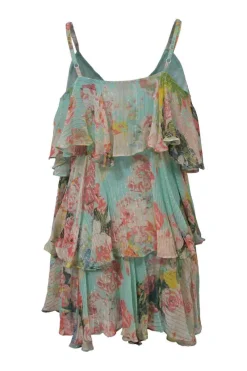Blue metallic floral stripe jacquard tier ruffle handkerchief slip dress with front button-loop fastening
