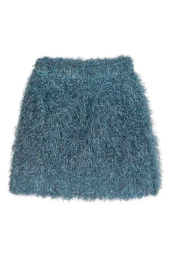 Blue metallic polyester-blend lamé tinsel pull-on mini skirt