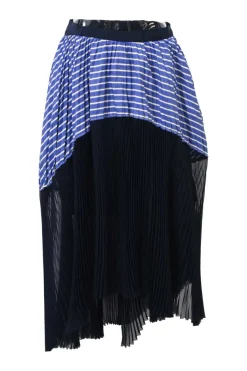 Blue mixed-media striped cotton poplin and plissé polyester chiffon midi bubble skirt