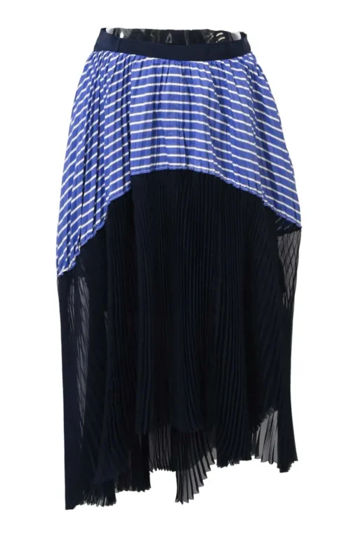 Blue mixed-media striped cotton poplin and plissé polyester chiffon midi bubble skirt