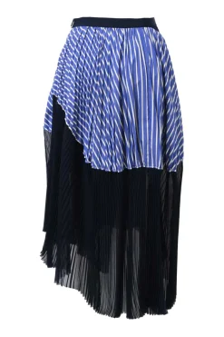 Blue mixed-media striped cotton poplin and plissé polyester chiffon midi bubble skirt