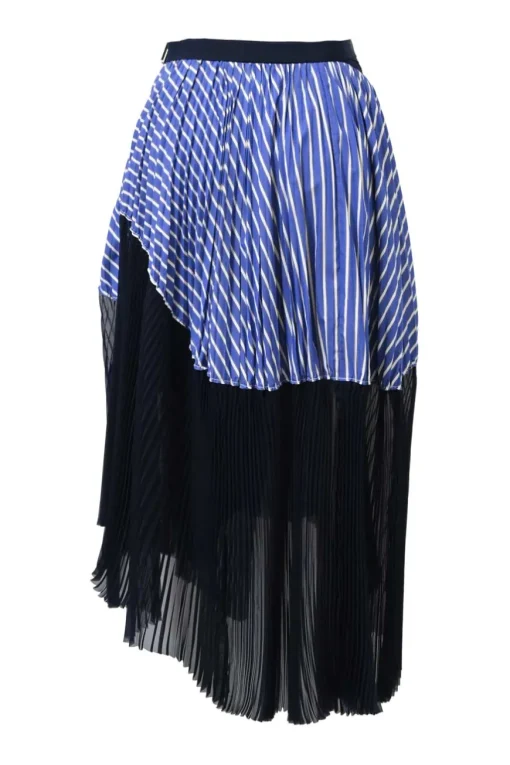 Blue mixed-media striped cotton poplin and plissé polyester chiffon midi bubble skirt