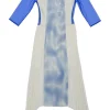 Blue paneled polyester off-shoulder plissé handkerchief hem with abstract print panels