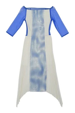 Blue paneled polyester off-shoulder plissé handkerchief hem with abstract print panels