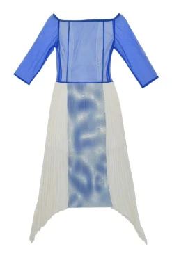 Blue paneled polyester off-shoulder plissé handkerchief hem with abstract print panels