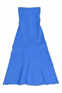 Blue paneled rayon-blend interlock knit strapless midi A-line dress