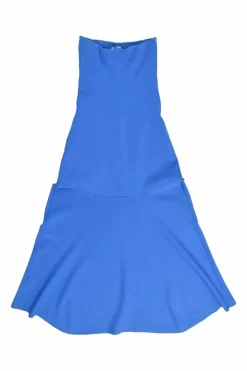 Blue paneled rayon-blend interlock knit strapless midi A-line dress